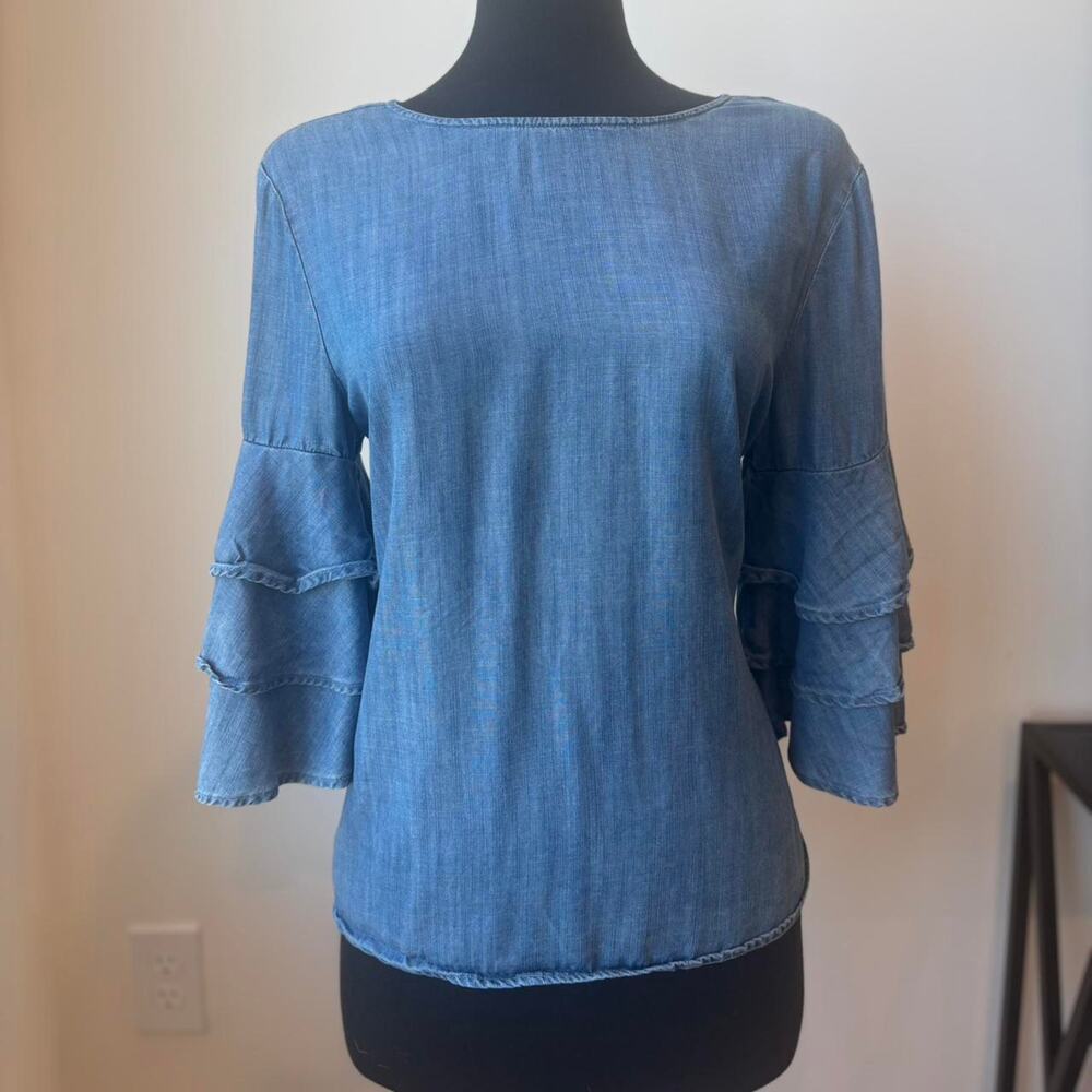 Alya Blue Denim Boho Retro Ruffle Sleeve Open Back Blouse Size Small
